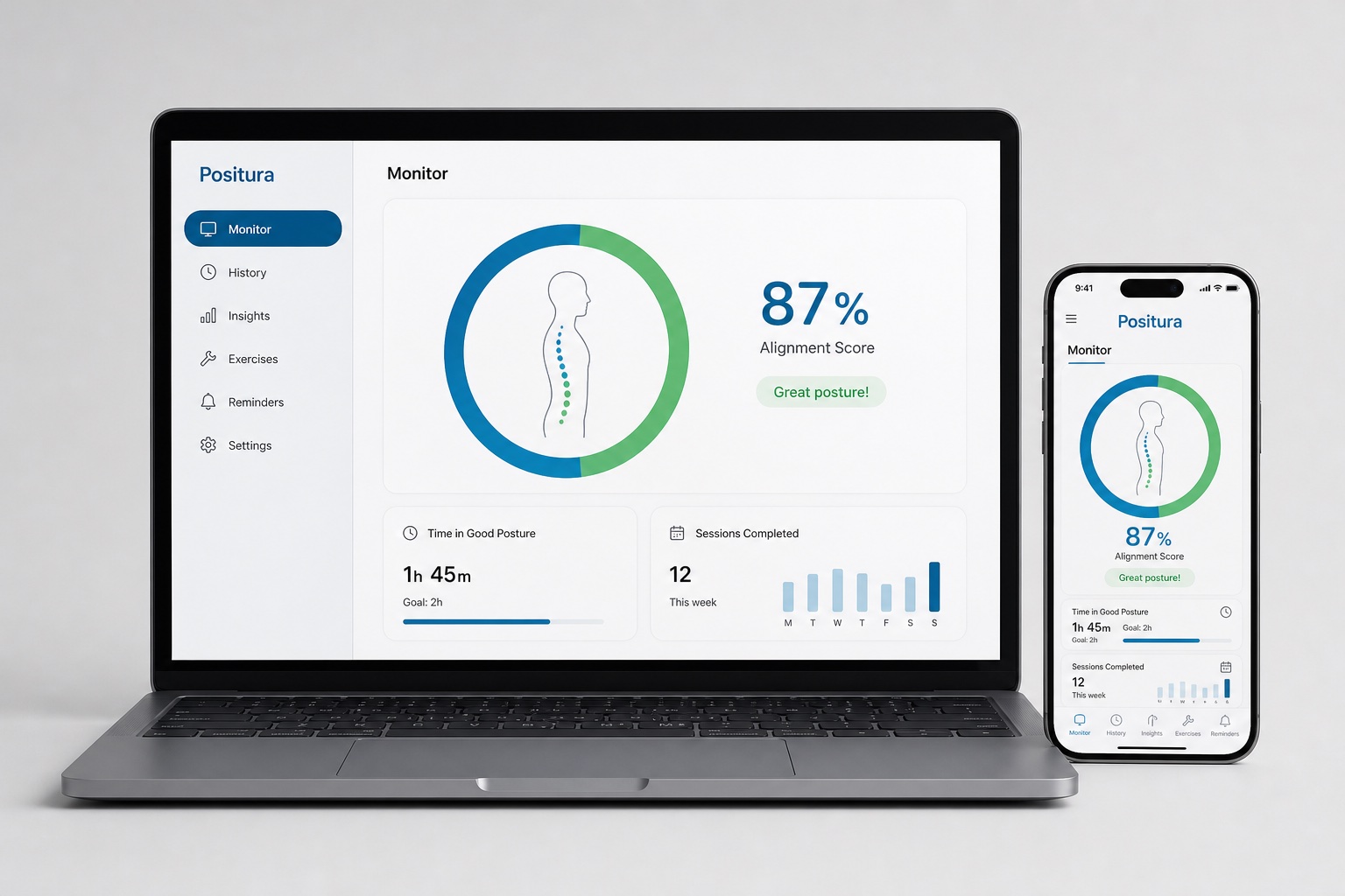 MacBook and iPhone displaying the Positura posture monitor app with alignment ring and stats